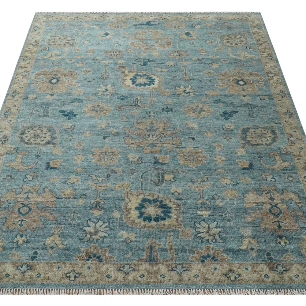 Vintage Style Light Blue and Brown Hand knotted Oushak Multi Size wool Area Rug