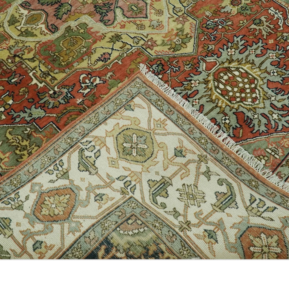 Vintage Style Olive, Rust and Ivory Fine Hand Knotted 8x10 wool area rug