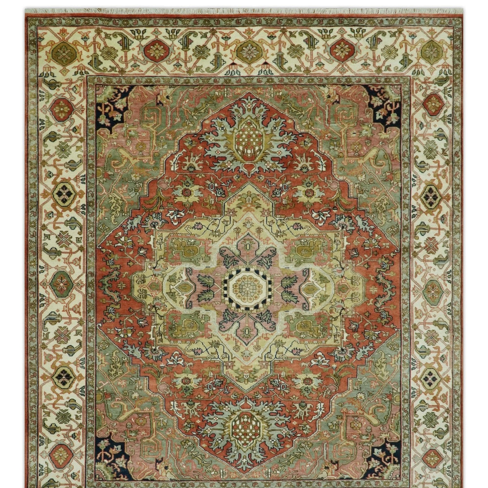 Vintage Style Olive, Rust and Ivory Fine Hand Knotted 8x10 wool area rug