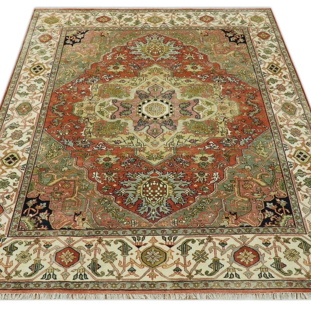 Vintage Style Olive, Rust and Ivory Fine Hand Knotted 8x10 wool area rug