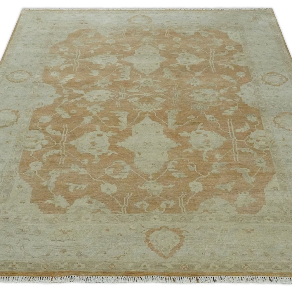 Vintage Style Rust and Beige Hand knotted Traditional Oushak 8x10 and 9x12 wool Area Rug