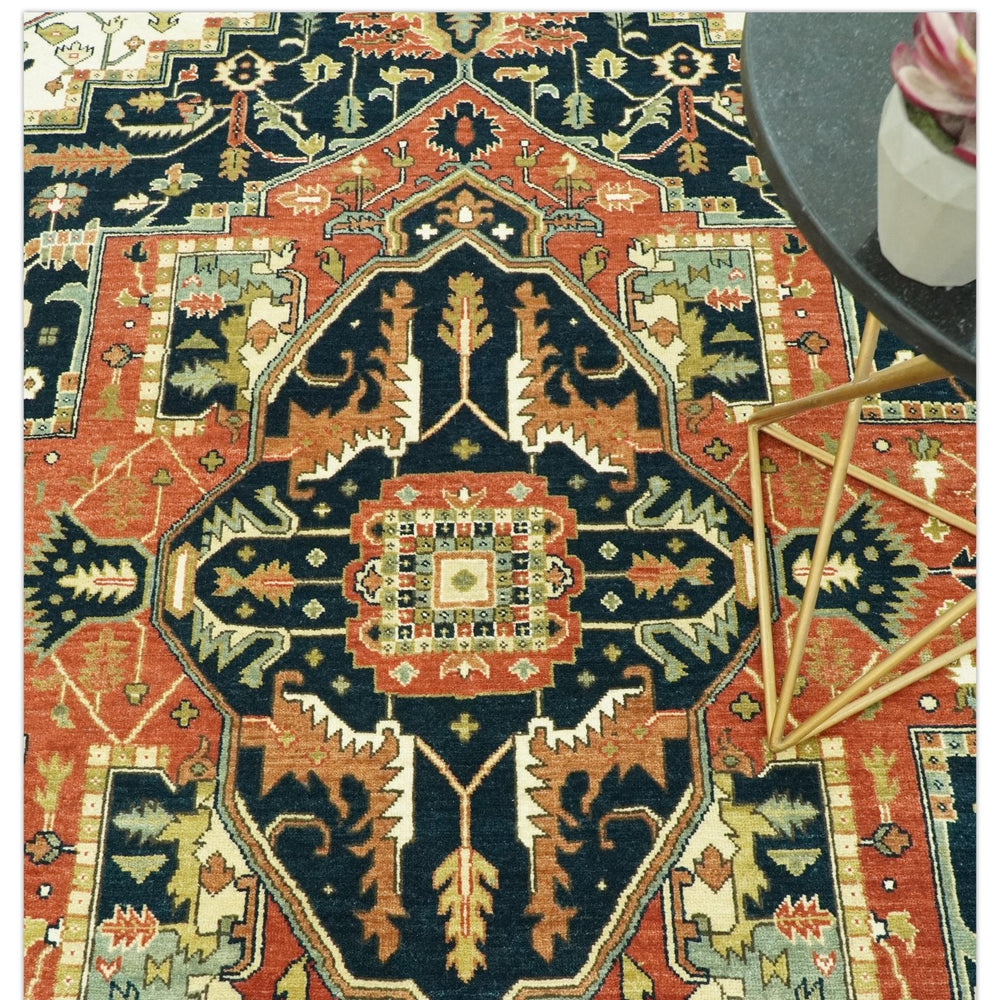 Vintage Style Rust, Blue and Ivory Fine Hand Knotted Traditional Heriz 9x12 wool area rug