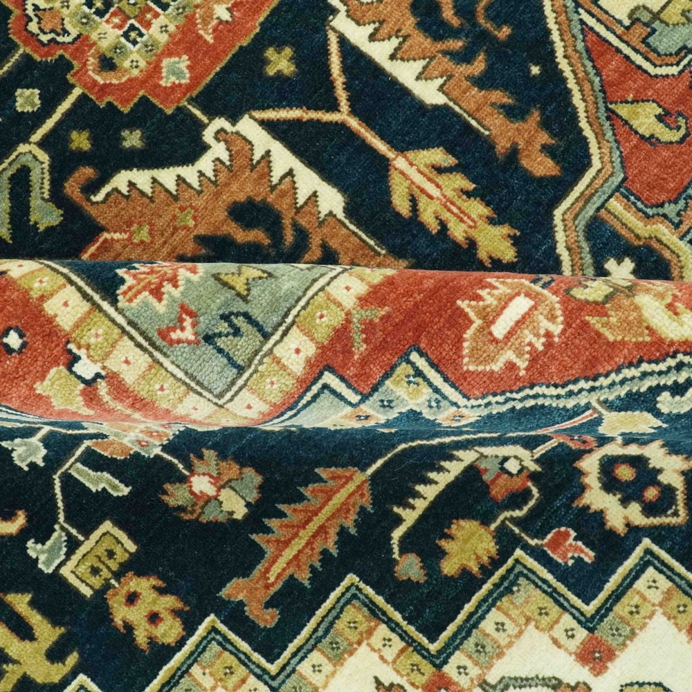 Vintage Style Rust, Blue and Ivory Fine Hand Knotted Traditional Heriz 9x12 wool area rug