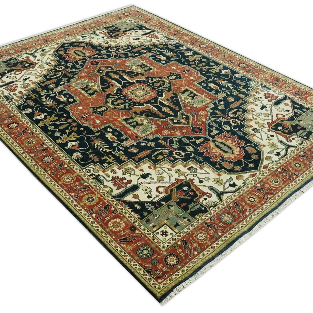 Vintage Style Rust, Blue and Ivory Fine Hand Knotted Traditional Heriz 9x12 wool area rug