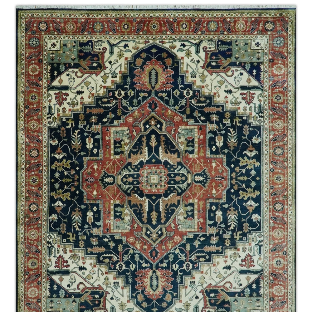 Vintage Style Rust, Blue and Ivory Fine Hand Knotted Traditional Heriz 9x12 wool area rug