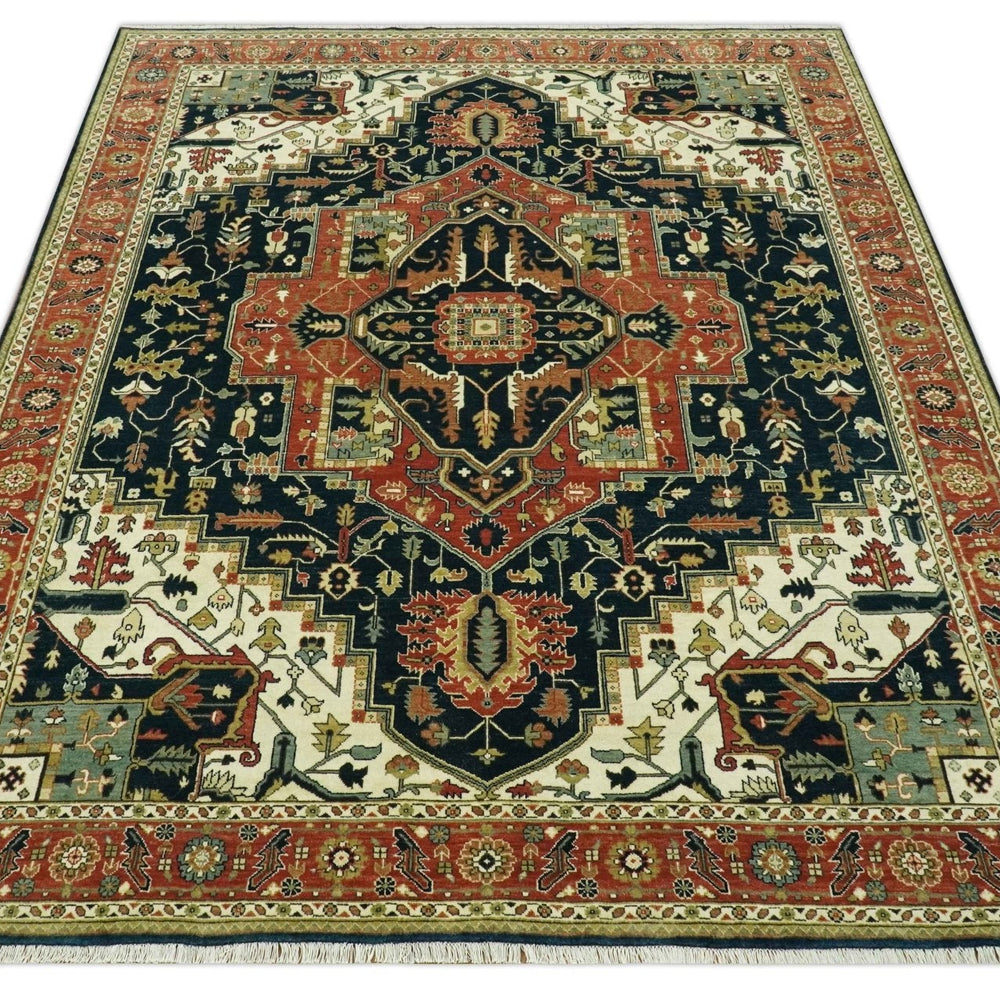 Vintage Style Rust, Blue and Ivory Fine Hand Knotted Traditional Heriz 9x12 wool area rug