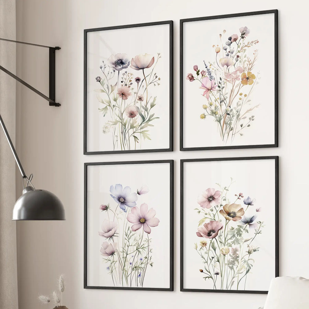 Neutral Floral Wall Art Set of 4. Watercolor Botanical Prints