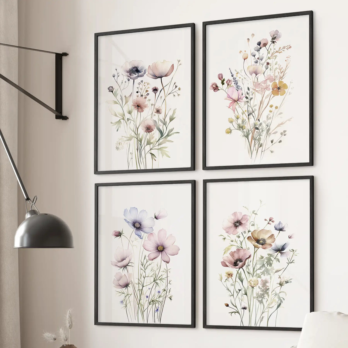 Neutral Floral Wall Art Set of 4. Watercolor Botanical Prints