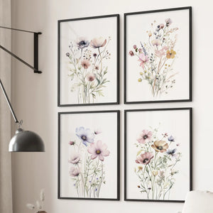 Neutral Floral Wall Art Set of 4. Watercolor Botanical Prints