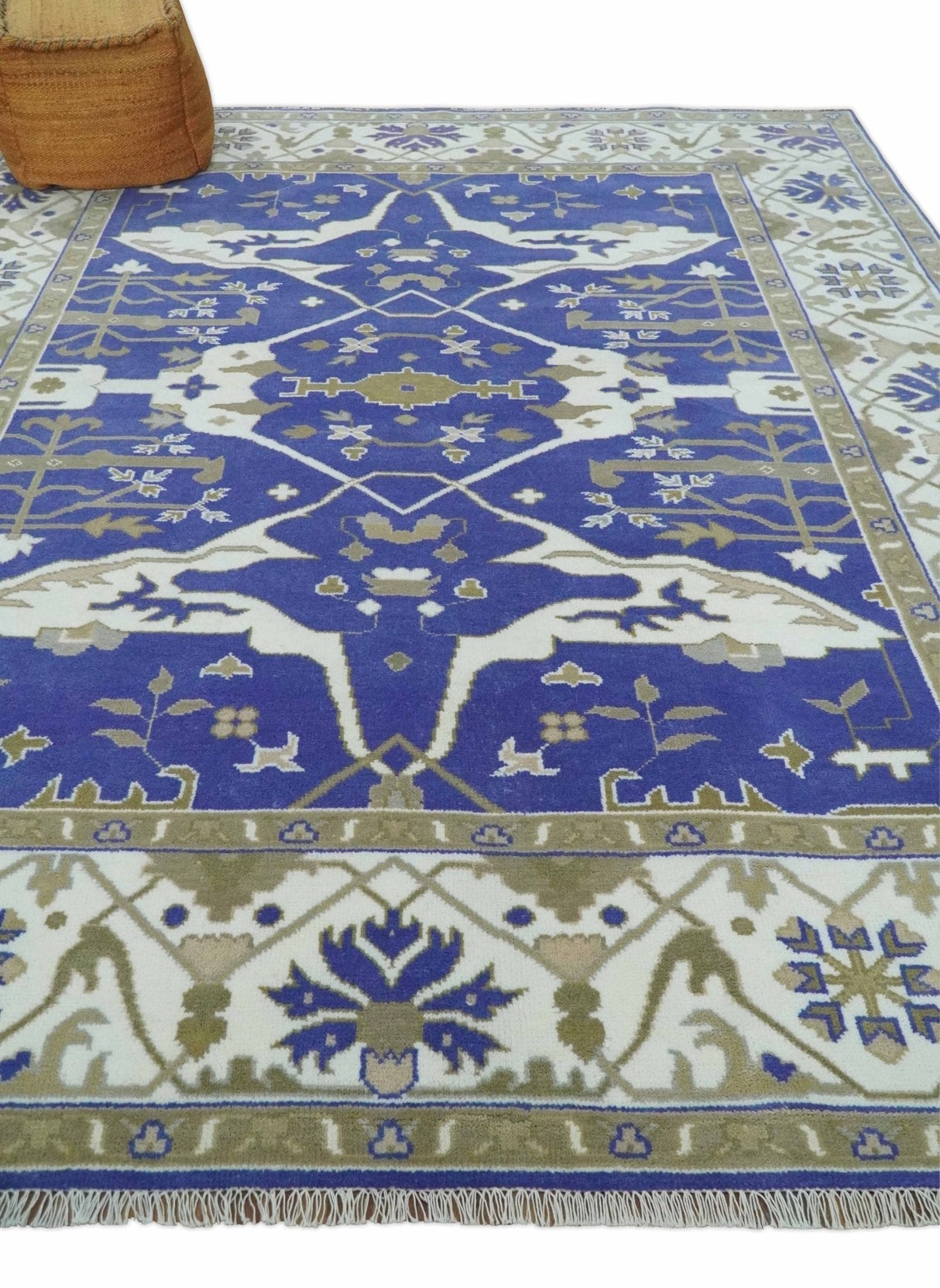 Violet, Ivory and Olive Traditional Hand knotted Oriental Oushak 8x10 wool Area Rug