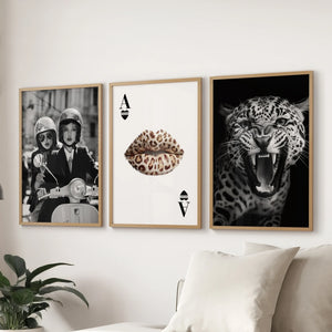 Black White Fashion Set of 3 Prints. Leopard, Lips, Scooter