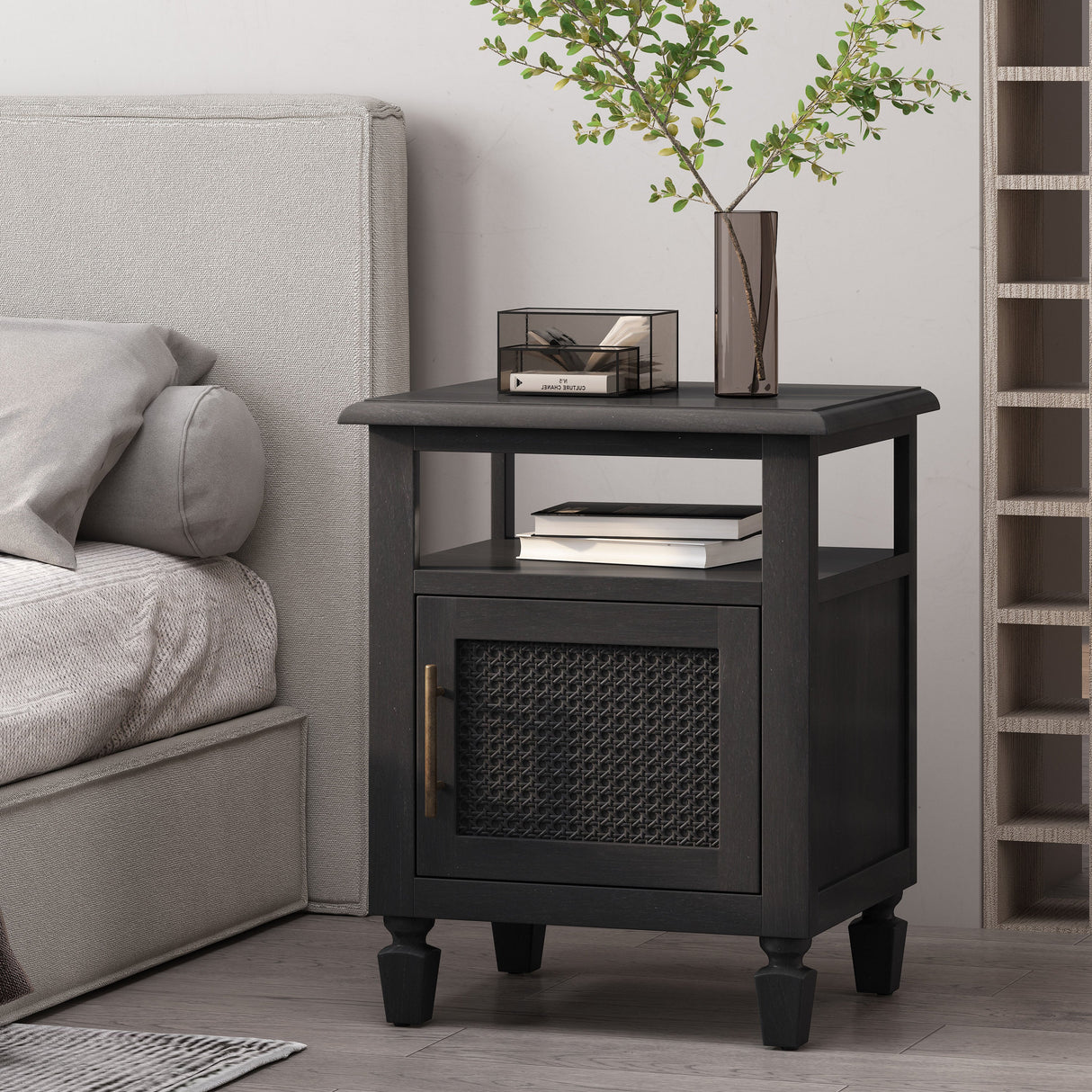 Black Nightstand with Cane Accent