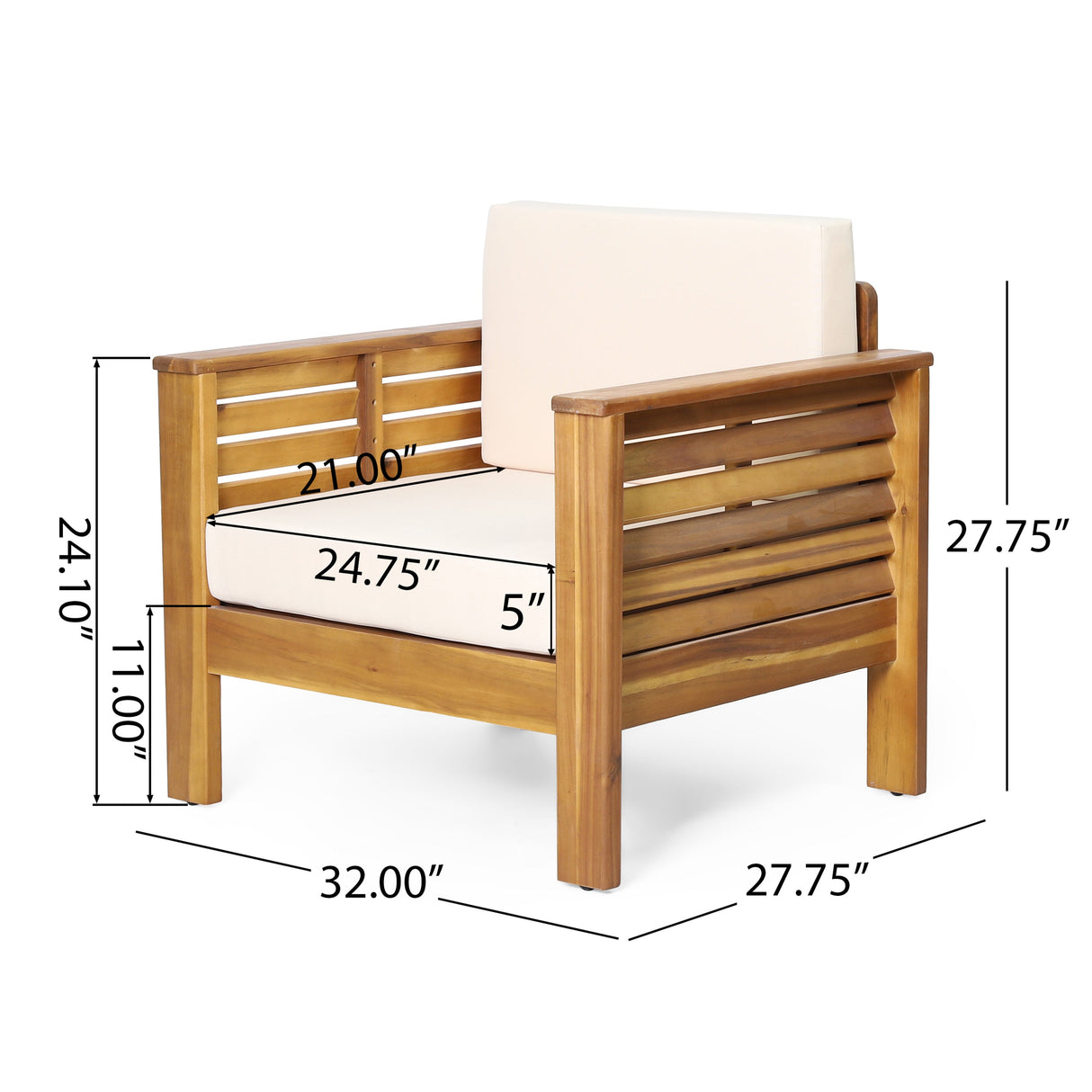 Set of 2 Outdoor Acacia Wood Club Chairs with Cushions