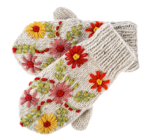 Knit Embroidered Floral Mittens - Cream