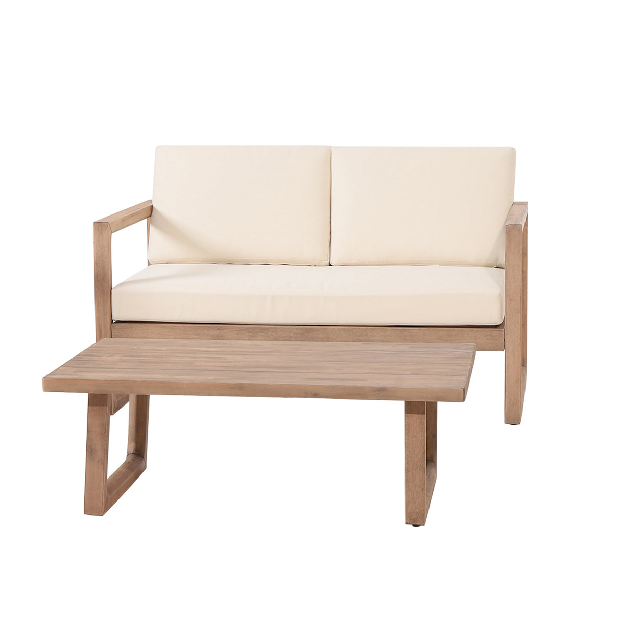 Outdoor Acacia Wood Loveseat and Coffee Table Set with Cushions