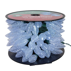 100-Light Cool White LED Faceted C9 Green Wire String Lights