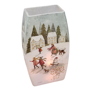 Lighted Glass Vase - Magical Winterland - Three Houses - 7¾ Inches tall