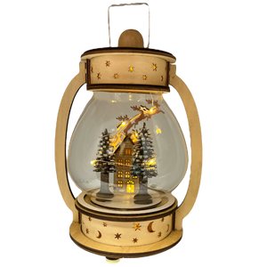 B/O Lighted Wind Up Musical Wood Glass Lantern - Santa Flying  Over House
