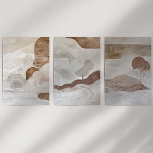 Wabi Sabi Line Art Set of 3 Prints. Earth Tones Landscape