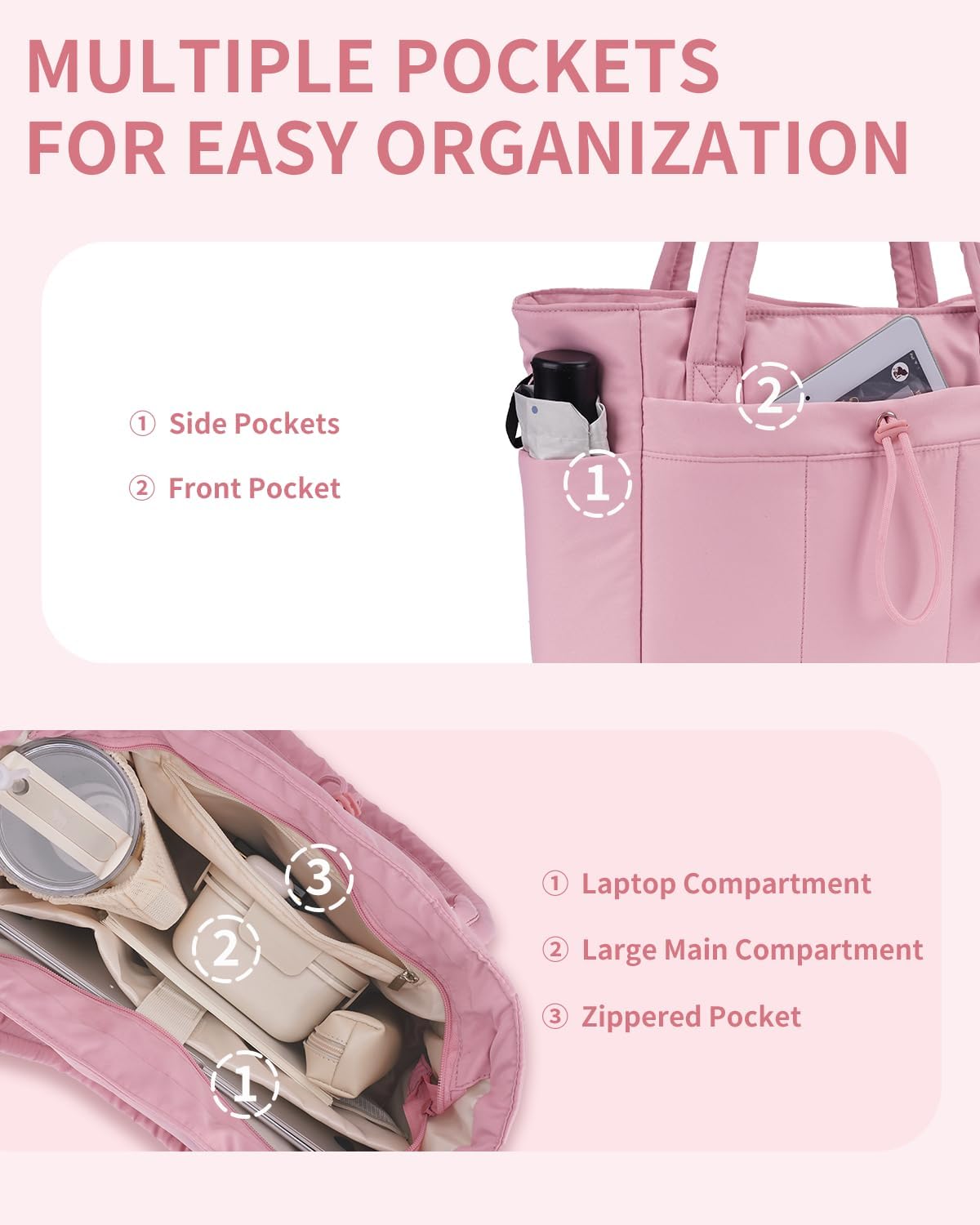 Quilted Puffer Tote Bag with Laptop Sleeve & Cup Holder 20L Travel Work