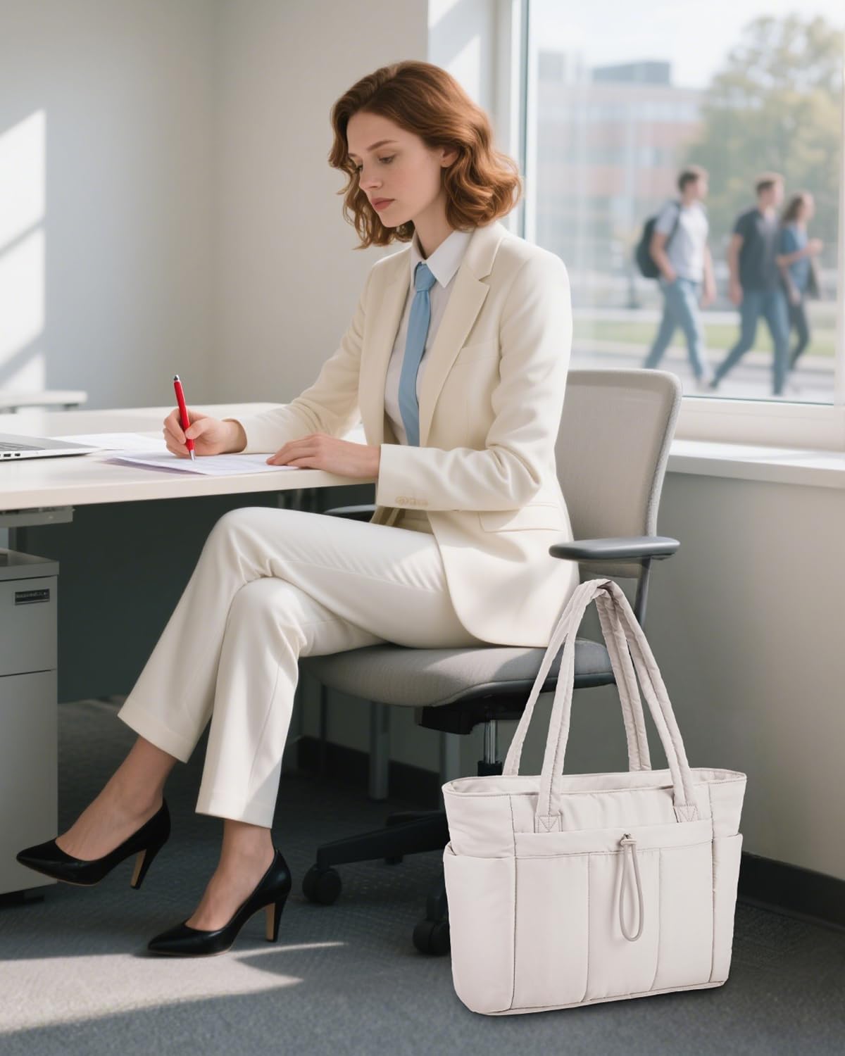 Quilted Puffer Tote Bag with Laptop Sleeve & Cup Holder 20L Travel Work