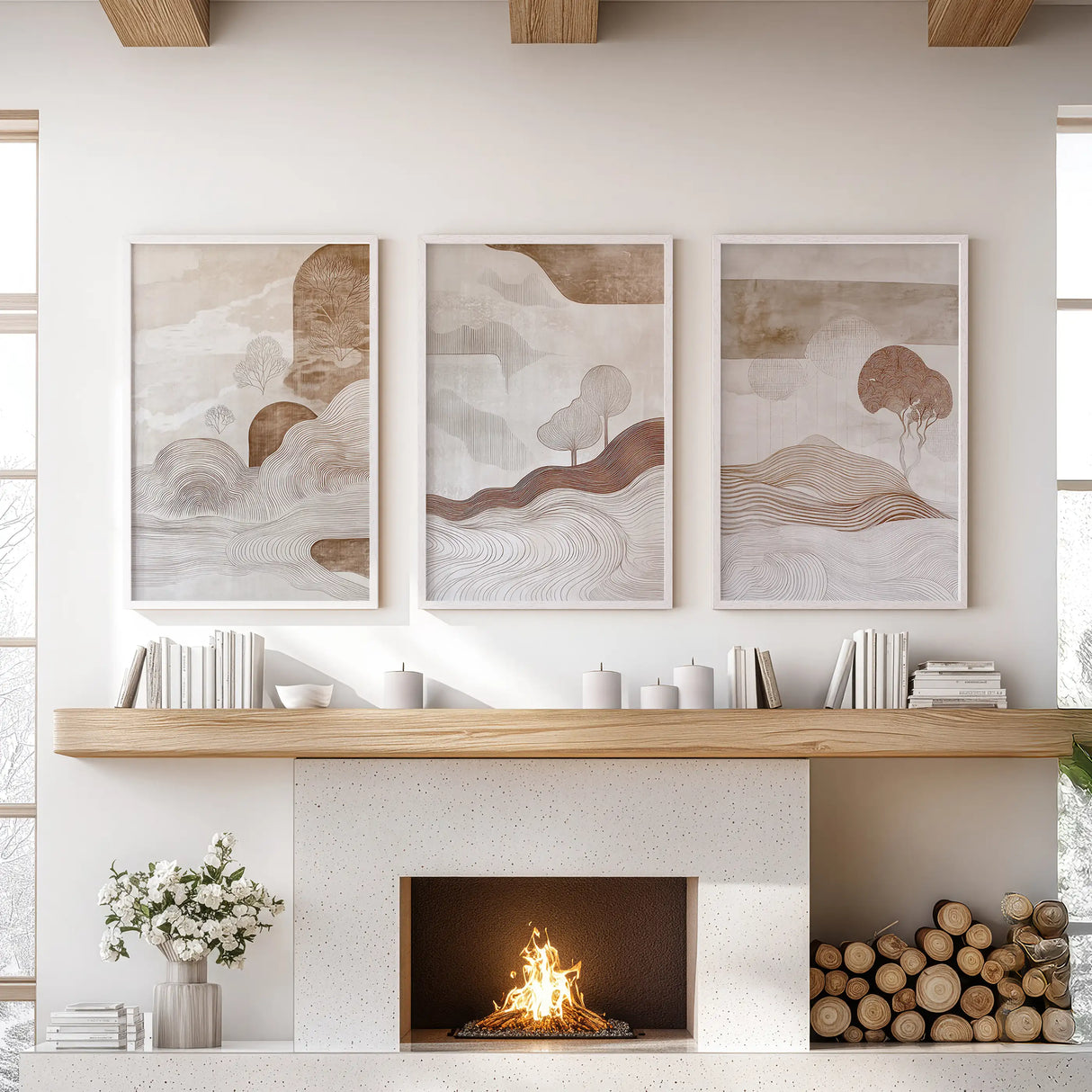 Wabi Sabi Line Art Set of 3 Prints. Earth Tones Landscape
