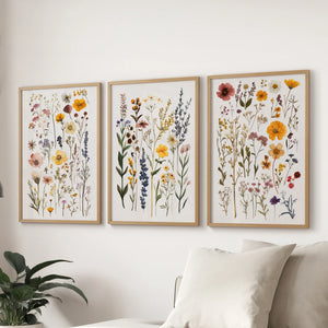 Boho Floral 3 Piece Wall Art. Pressed Flowers Print Set