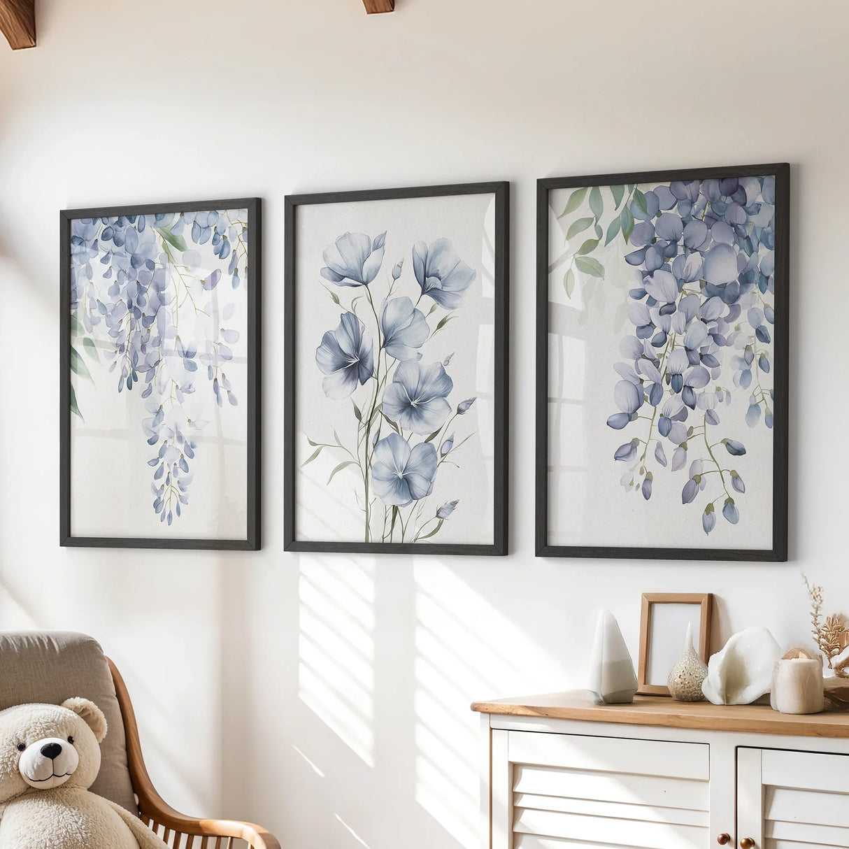 Blue Wall Art Set of 3. Wisteria, Flax Botanical Prints