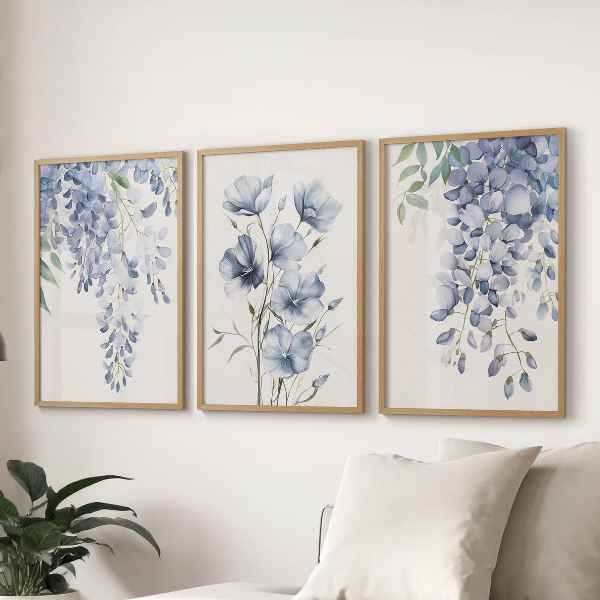 Blue Wall Art Set of 3. Wisteria, Flax Botanical Prints