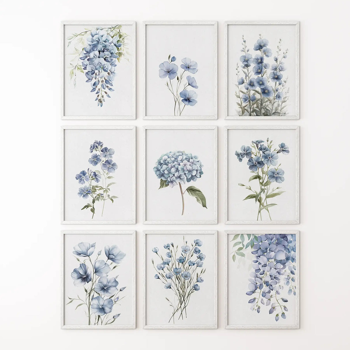 9 Piece Wall Art Decor. Blue Hydrangea Floral Posters