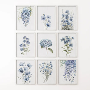 9 Piece Wall Art Decor. Blue Hydrangea Floral Posters