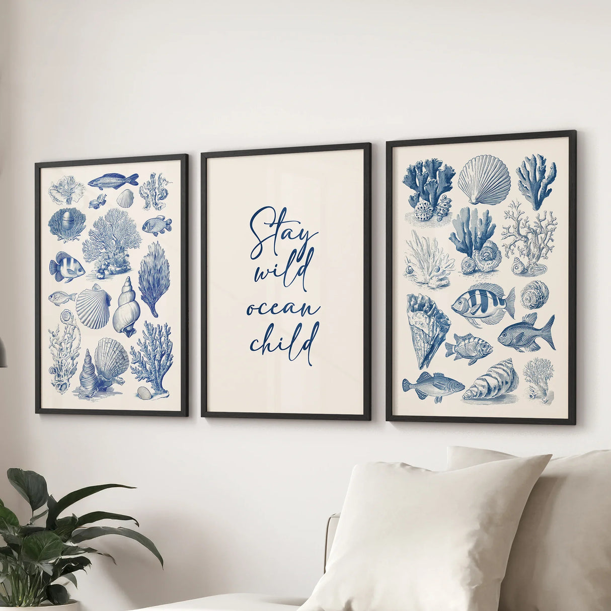 Coastal Sea Life Prints. Blue Sea Shells and Fish Print Set