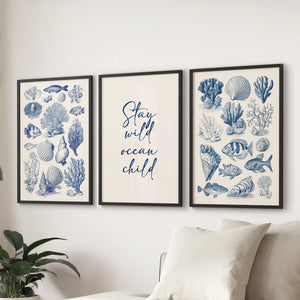 Coastal Sea Life Prints. Blue Sea Shells and Fish Print Set