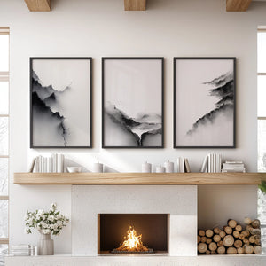 Black White Mountain Landscape Art Set of 3. Calming Nature