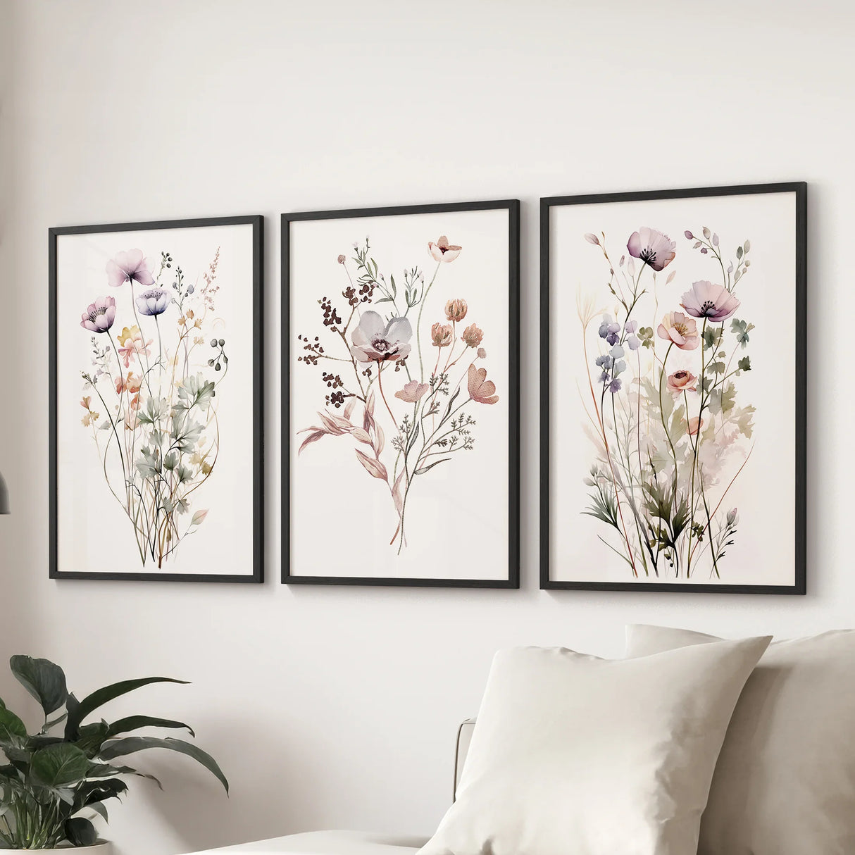 Soft Wildflower Wall Art. Set of 3 Muted Floral Prints