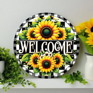 Welcome Black Check Sunflower Round Sign