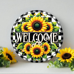 Welcome Black Check Sunflower Round Sign