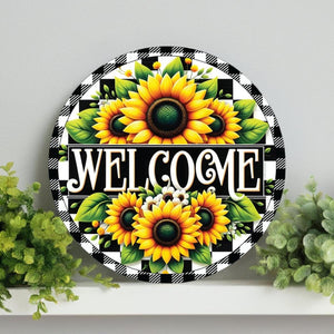 Welcome Black Check Sunflower Round Sign
