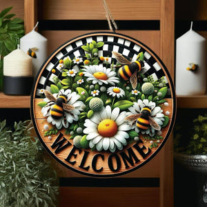 Welcome Bumblebee Daisy Round Sign
