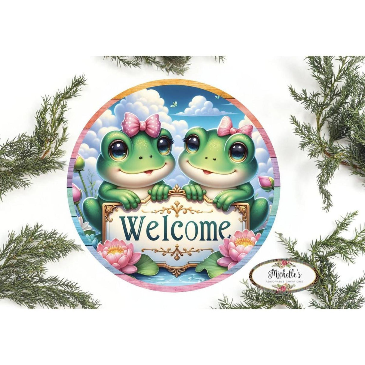 Welcome Double Frog Round Sign