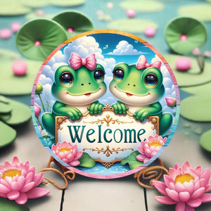 Welcome Double Frog Round Sign