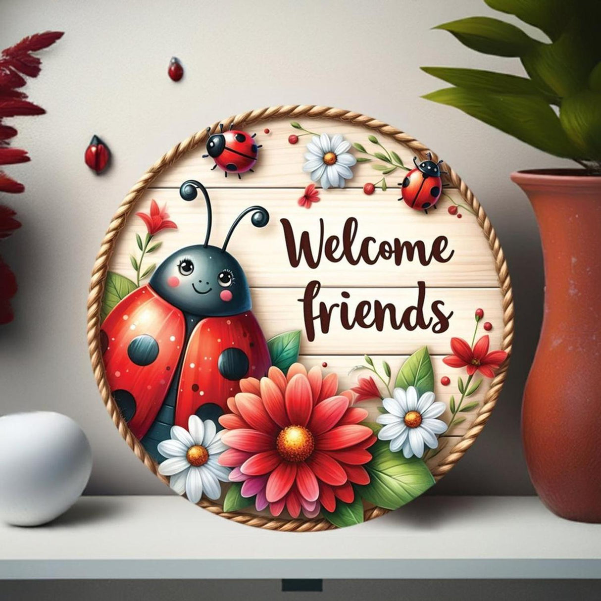 Welcome Friends Ladybug Round Sign