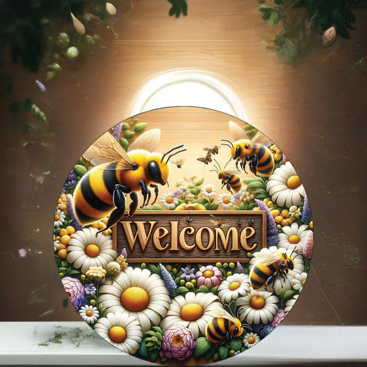 Welcome Large Bumblebee Daisy Round Sign