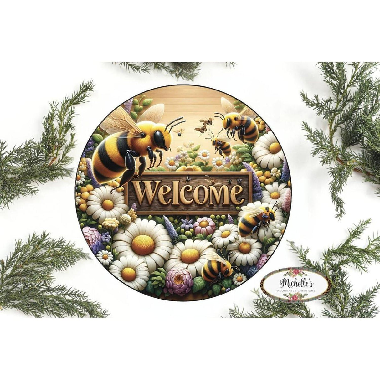 Welcome Large Bumblebee Daisy Round Sign