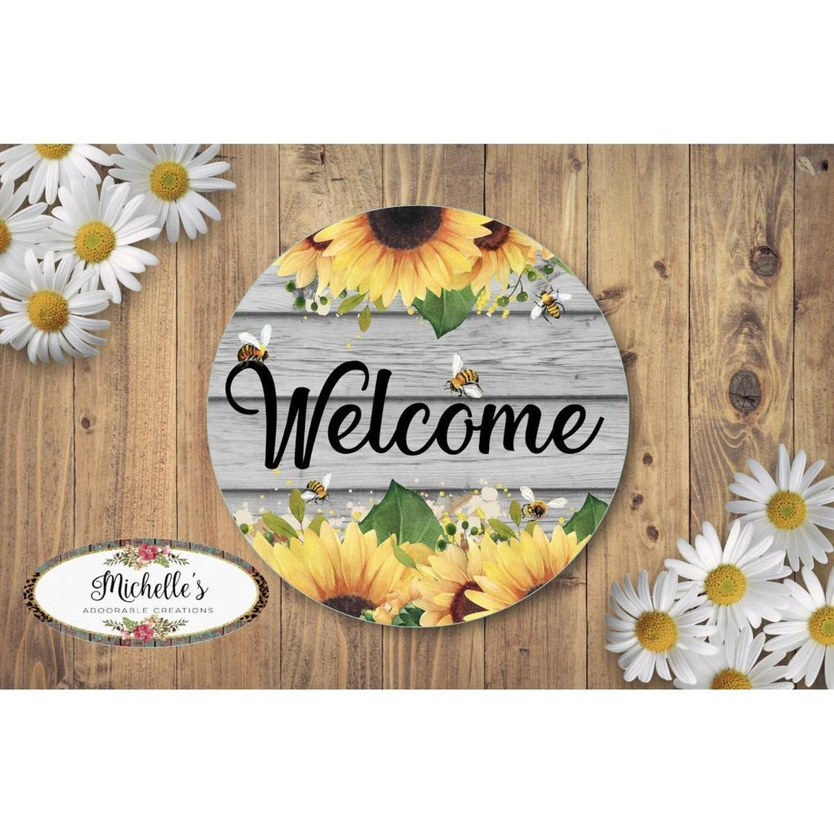 Welcome Sunflower Bumble Bee Round Sign
