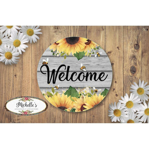 Welcome Sunflower Bumble Bee Round Sign