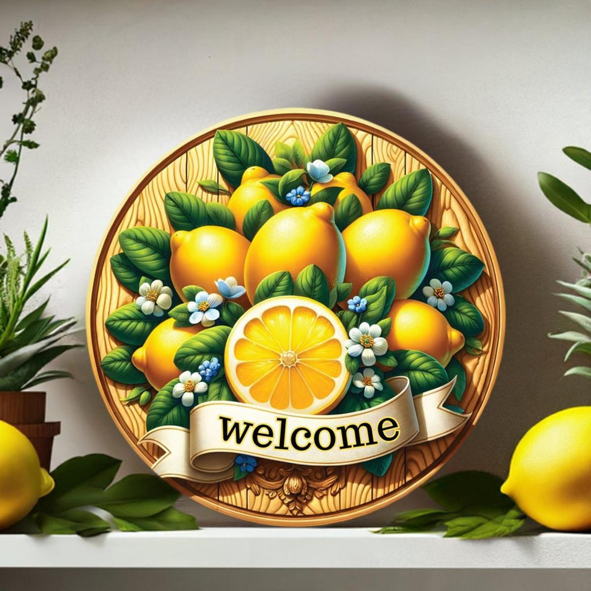 Welcome Wood Lemon Round Sign
