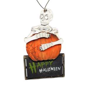 Wooden Halloween Ornament -  Skeleton on a Pumpkin