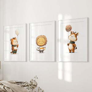 Woodland Jungle Set of 3 Prints. Lion, Giraffe, Tiger Art