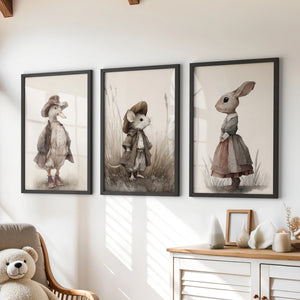 Vintage Animal Nursery Wall Art Set: Duck, Mouse, Rabbit